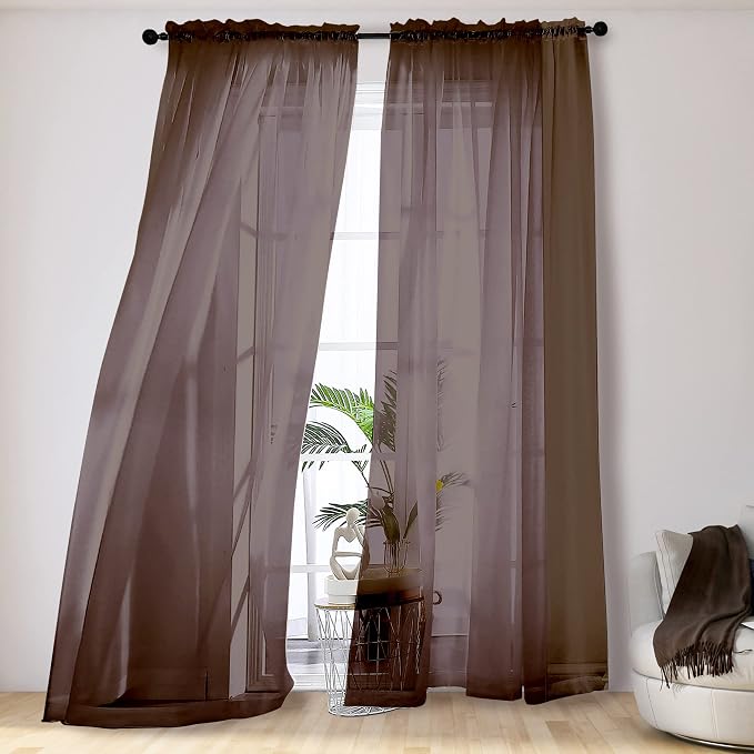 OVZME Brown Sheer Curtains 108 Inches Long, Light Filtering Semi Transparent by OVZME