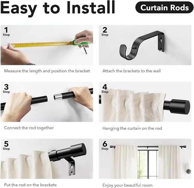 IFELS Heavy Duty Curtain Rods for Windows 72 to 144 Inch, 1 Inch Black Curtain - Image 7