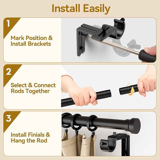 YaFex Curtain Rods 32-170 Inch, Heavy Duty 1 Inch Adjustable Curtain Rod - Image 5