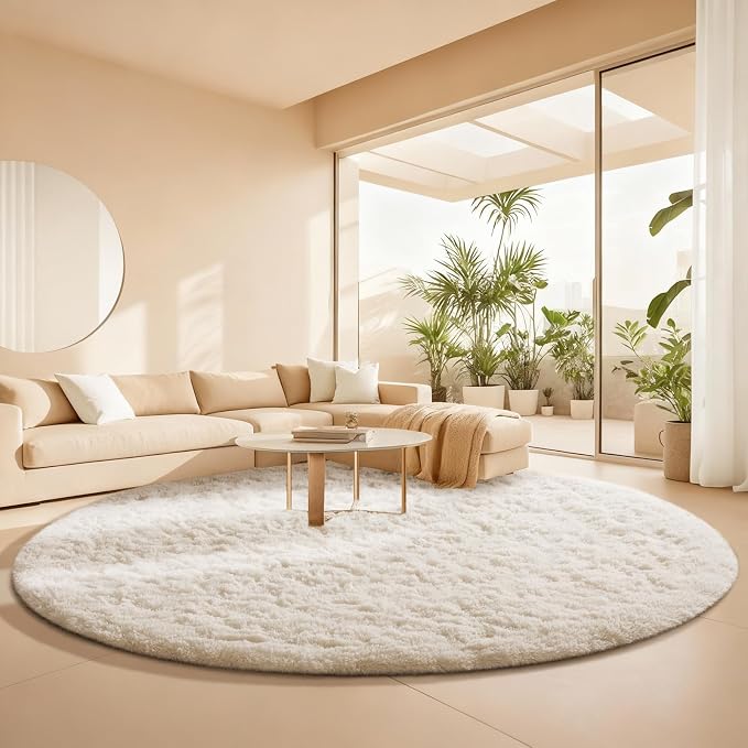 Ophanie Round Rugs 8Ft Ivory Circle Area Rug, Aesthetic Room Decor, Fluffy - Image 5