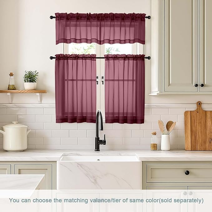 Burgundy Sheer Curtains Tier 30 Inches Length 2 Panels Set, Light Filtering - Image 2