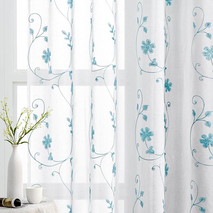 HOMEIDEAS White and Blue Embroidered Floral Sheer Curtains 63 Inch Length 2 by HOMEIDEAS