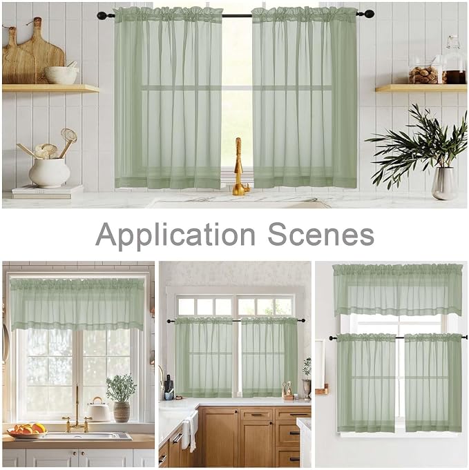 Kitchen Curtains 24 Inch Length Tier 2 Pieces, Sage Green Sheer Curtain Solid - Image 6