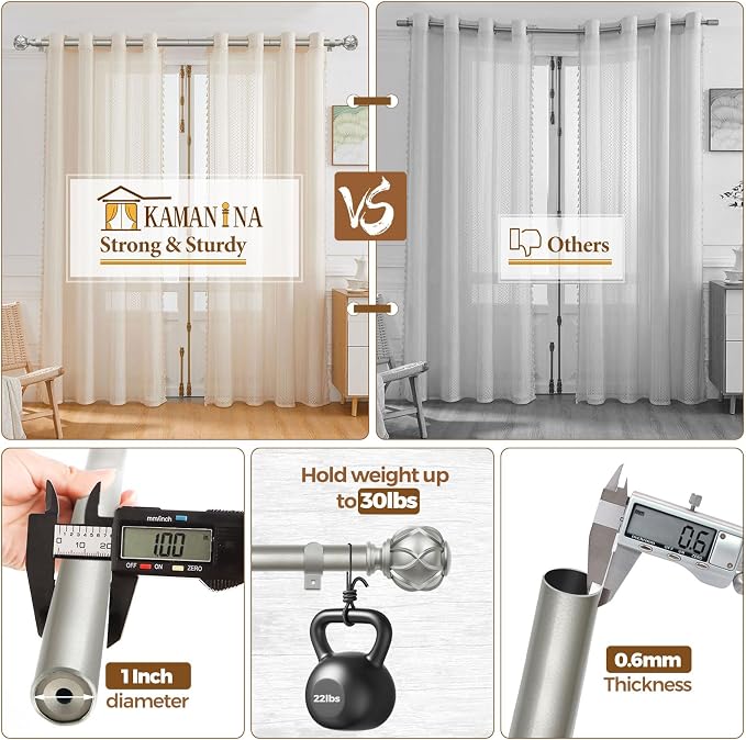 KAMANINA 1 Inch Extra Long Curtain Rod 140 to 195 Inches Silver Heavy Duty - Image 6
