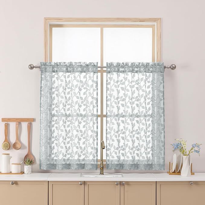 Chyhomenyc Light Grey Sheer Curtains 36 Inch Length, Light Filtering Leaf by Chyhomenyc