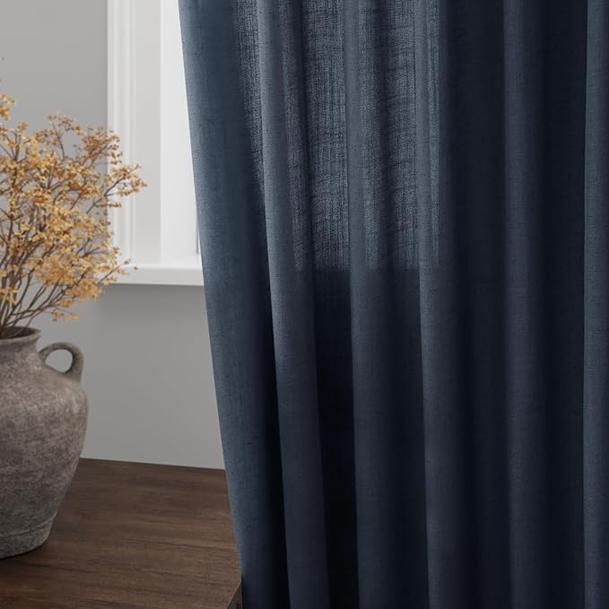 Nanspring Vintage Blue Linen Curtains 102 Inches Long Rod Pocket Back Tab - Image 4