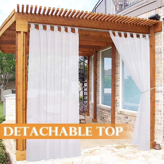 RYB HOME Detachable Sticky Tab Top Outdoor Curtain White Sheer - Image 3