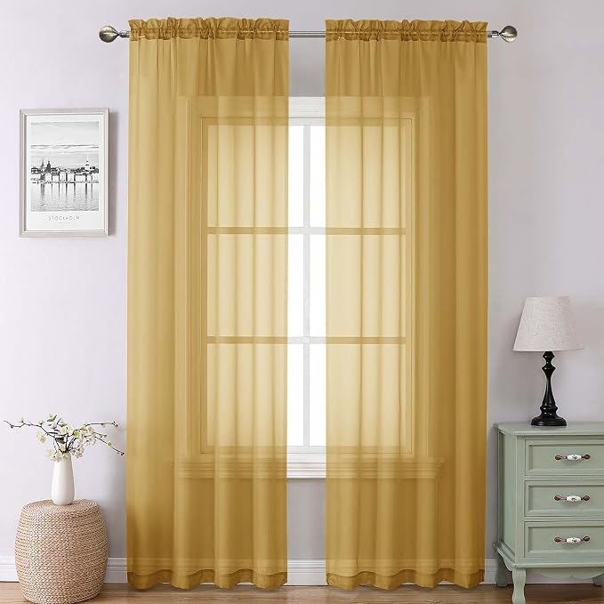 Lecloud Gold Sheer Curtains 90 Inches Long 2 Panels, Breathable Solid Voile by Lecloud