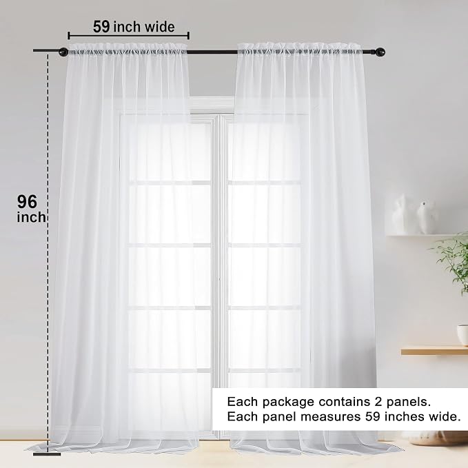 OWENIE Sheer White Curtains, Sheer Curtains 96 inches Long 2 Panels Set - Image 2