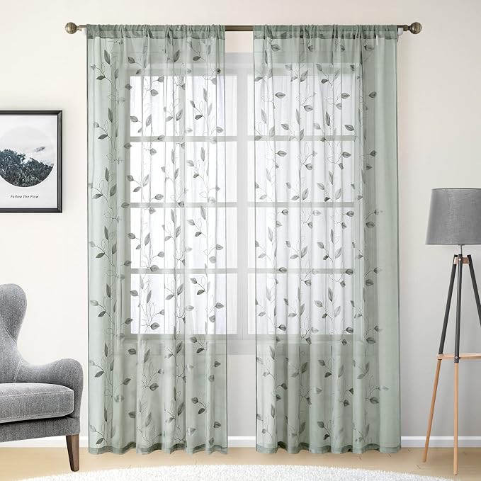 HOMEIDEAS Sage Green Sheer Curtains 52 X 96 Inches Long 2 Panels Embroidered - Image 2