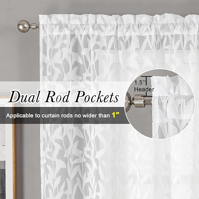 Lecloud Leia White Sheer Curtains 90 Inches Long 2 Panels, Airy Voile Jacquard - Image 4