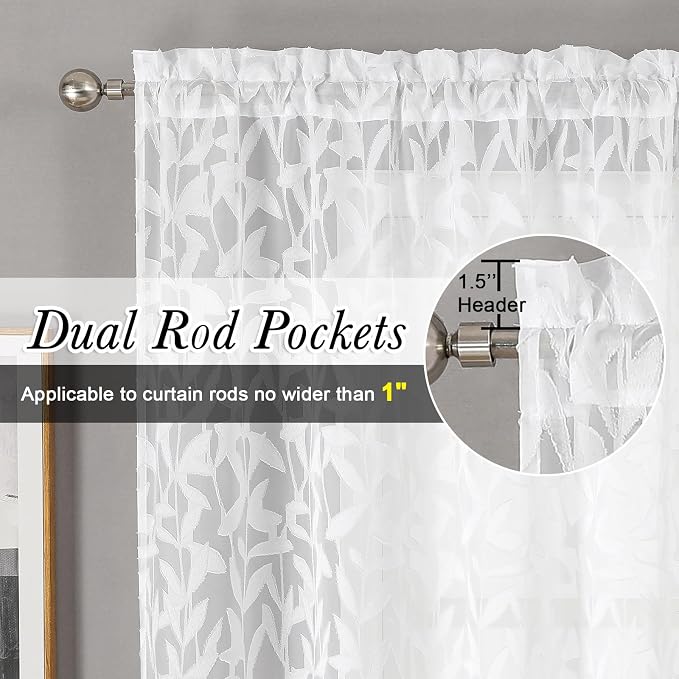 Lecloud Leia White Sheer Curtains 96 Inches Long 2 Panels, Airy Voile Jacquard - Image 4