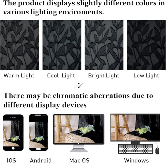 Lecloud Leia Black Sheer Curtains 72 Inches Long 2 Panels, Jacquard Leaf - Image 2