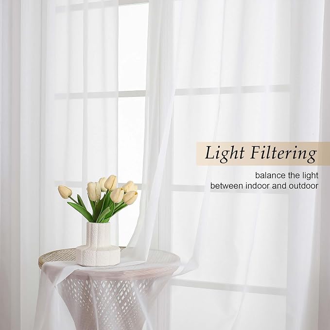 White Sheer Curtains for Bedroom Living Room 96 Inches Long 2 Panels, Modern - Image 2