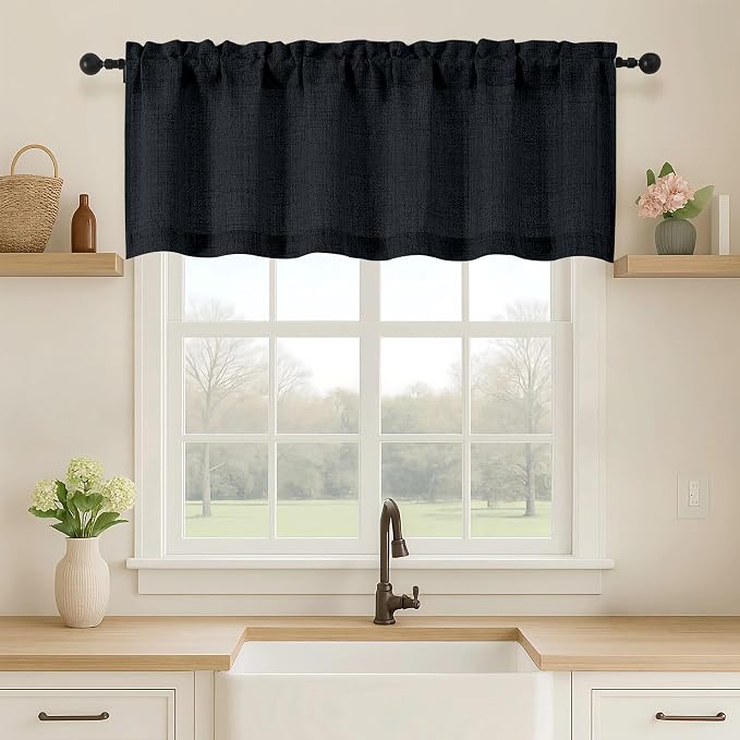 OVZME Black Valance for Windows, Light Filtering Faux Linen Textured Small by OVZME