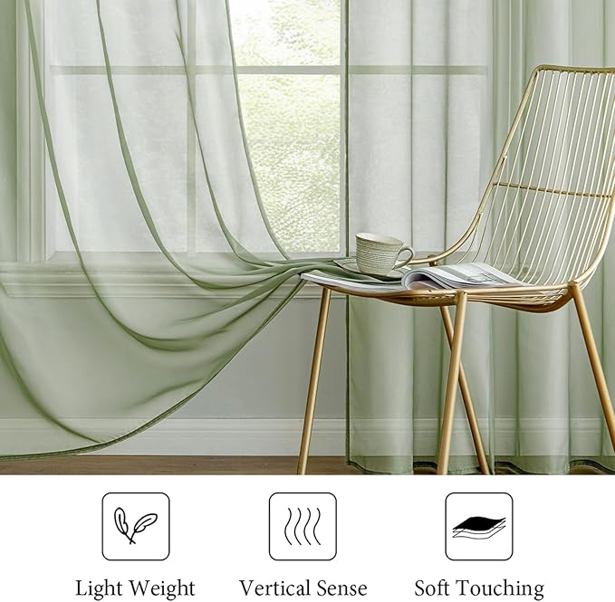 MIULEE 2 Panels Sage Green Sheer Curtains 96 inches Long Window Curtains Rod - Image 4