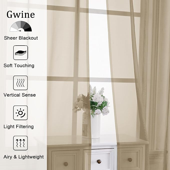 Gwine Taupe Sheer Curtains 84 Inches Long 2 Panels Set - Image 2