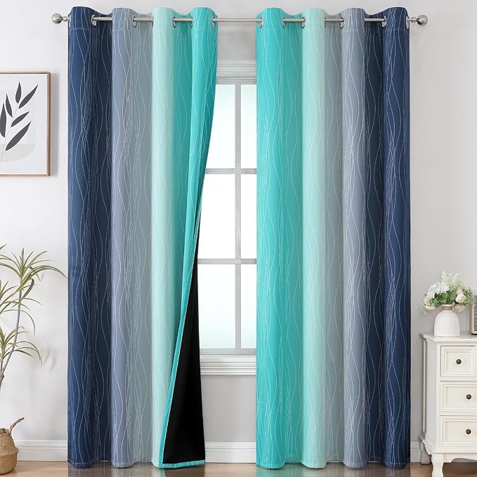 Estelar Textiler Navy Blue and Teal Gradient Blackout Curtains 102 Inches Long by ESTELARTEXTILER