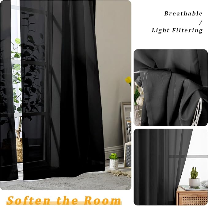 Gwine Black Sheer Curtains 90 Inches Long 2 Panels Set, Light Filtering Solid - Image 3