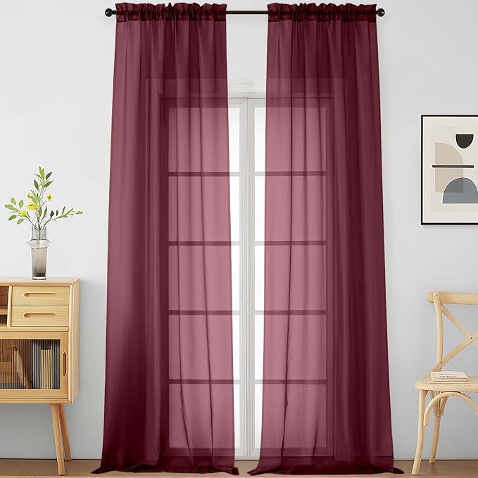 Burgundy Sheer Curtains for Windows 108 inches Long 2 Panels Set, Soft by Home