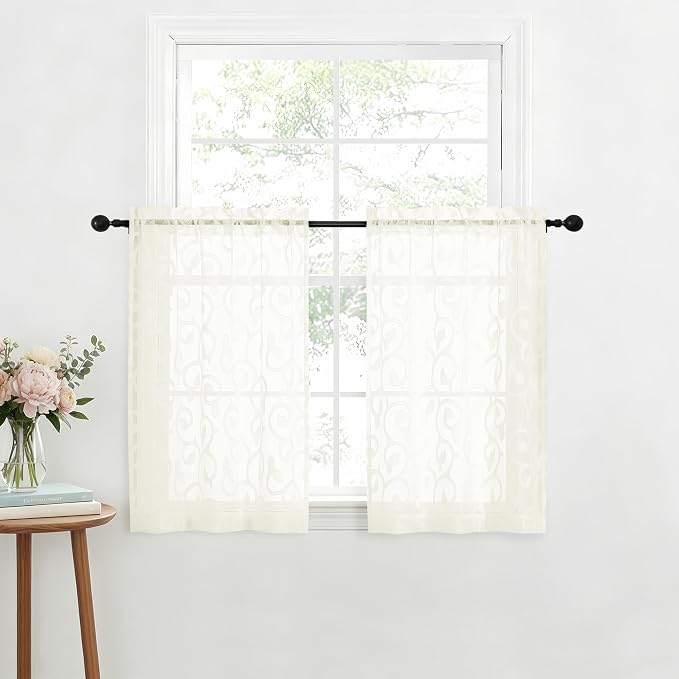 OWENIE Furman Cafe Curtains 45 Inch Length 2 Panels Set, Elegant Geometric - Image 3