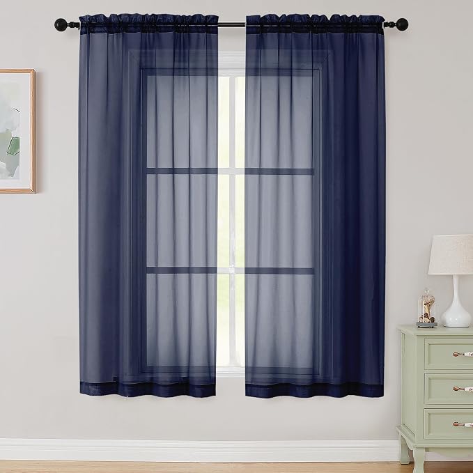 Sheer Navy Blue Curtains for Bedroom Living Room 63 Inch Length 2 Panels by WelvetBLK