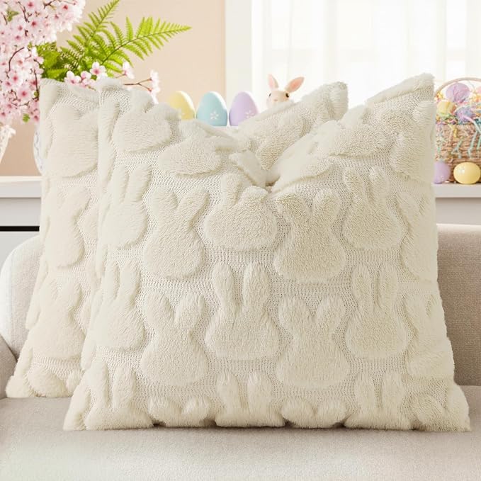 decorUhome Easter Bunny Pillow Covers 18x18 Inch Set of 2, Soft Plush Faux Wool by decorUhome