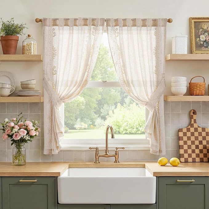 jinchan Belrose Linen Floral Cafe Curtains 45 Inch Length Embroidered Farmhouse by JINCHAN