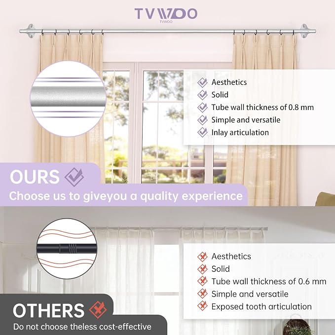 TVWOO Silver Wrap Around Curtain Rods:5/8 Inch Blackout Adjustable Window - Image 6