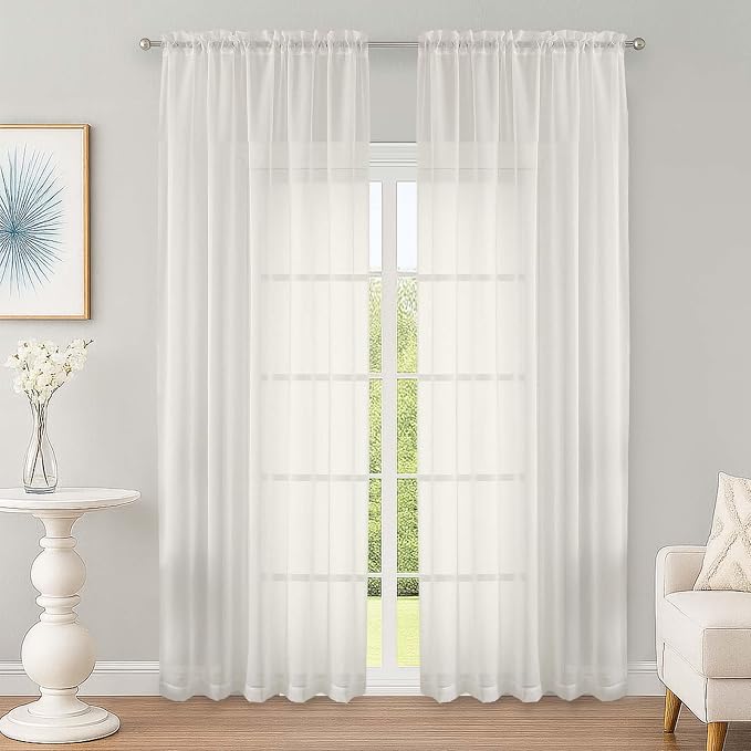 OWENIE Ivory Sheer Curtain 90 Inches Long 2 Panels Set, Solid Filmy Drapes by OWENIE