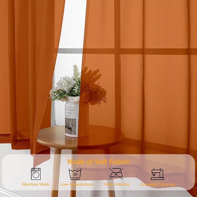 Gwine Burnt Orange Fall Sheer Curtains 96 Inches Long 2 Panels, Elegant Window - Image 7