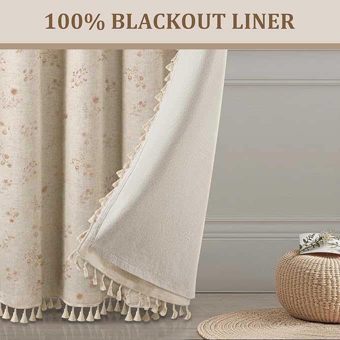 Boho Floral Spring 100% Blackout Curtains 84 Inch Length 2 Panels Set, Linen - Image 6