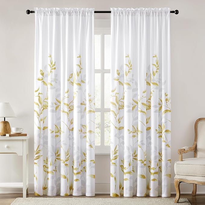 HOMEIDEAS Non-See-Through Gold and White Privacy Sheer Curtains 52 X 84 Inch by HOMEIDEAS