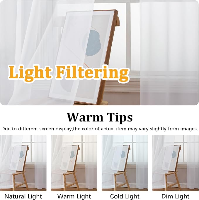 Gwine White Sheer Kitchen Curtains 36 Inch Length, Light Filtering Voile Soft - Image 5