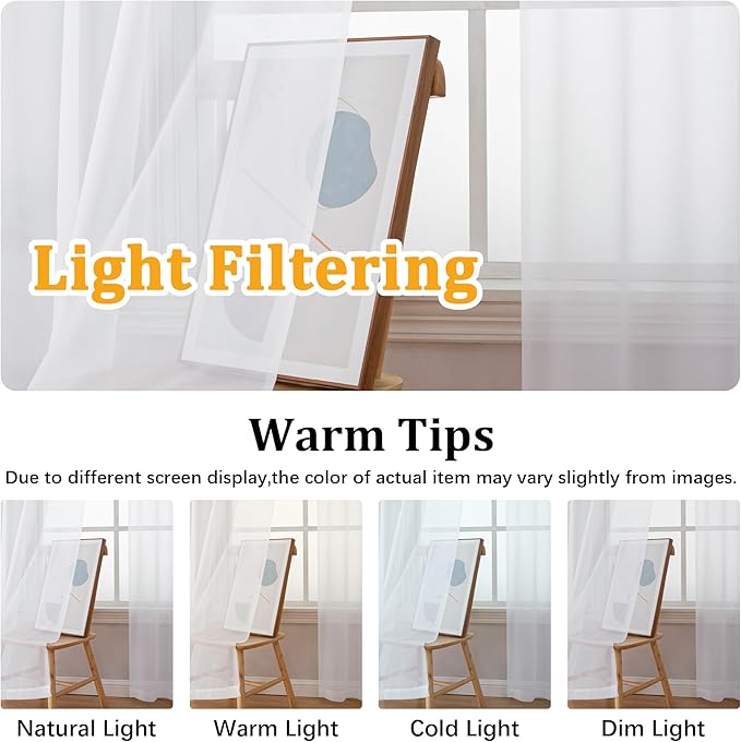 Gwine White Sheer Curtains for Bedroom 54 inches Long 2 Panels, Light Filtering - Image 5