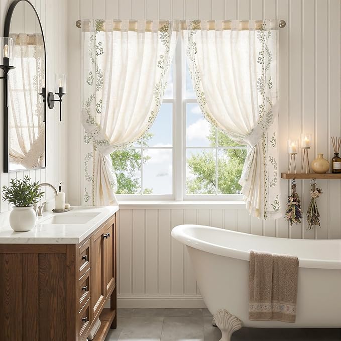 jinchan Belrose Linen Floral Cafe Curtains 54 Inch Length Embroidered Farmhouse - Image 9