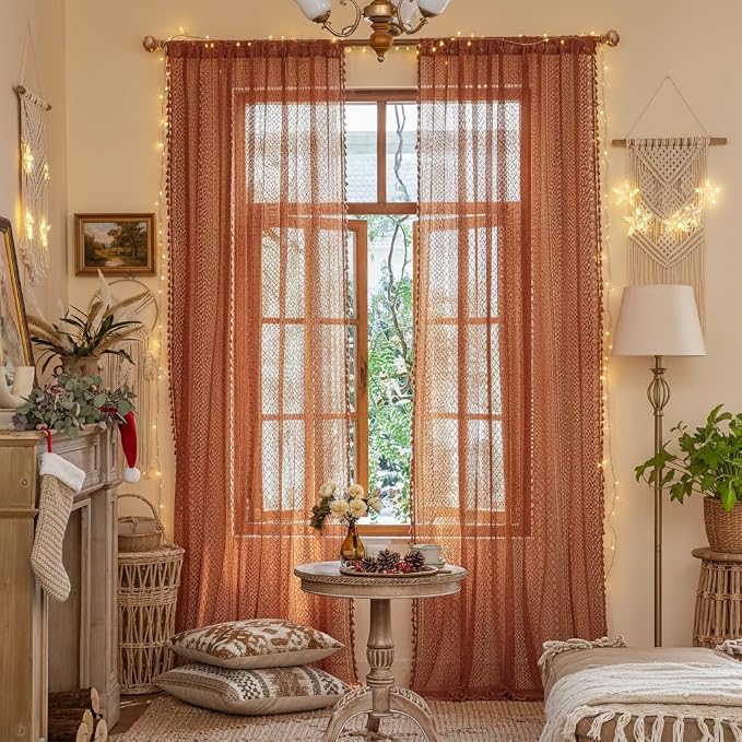 WAZZIO Boho Lace Curtains 80 Inches 2 Panel, Light Filtering Privacy Tassel & - Image 3
