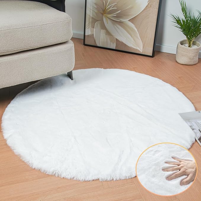 ORINOVA White Faux Rabbit Washable Fur Area Rugs Circle Rugs - Image 2