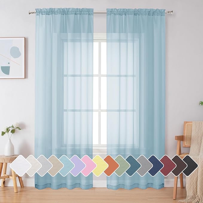 Simplebrand Sky Blue Sheer Curtains 84 Inches Long, Light Filtering Rod Pocket by Simplebrand
