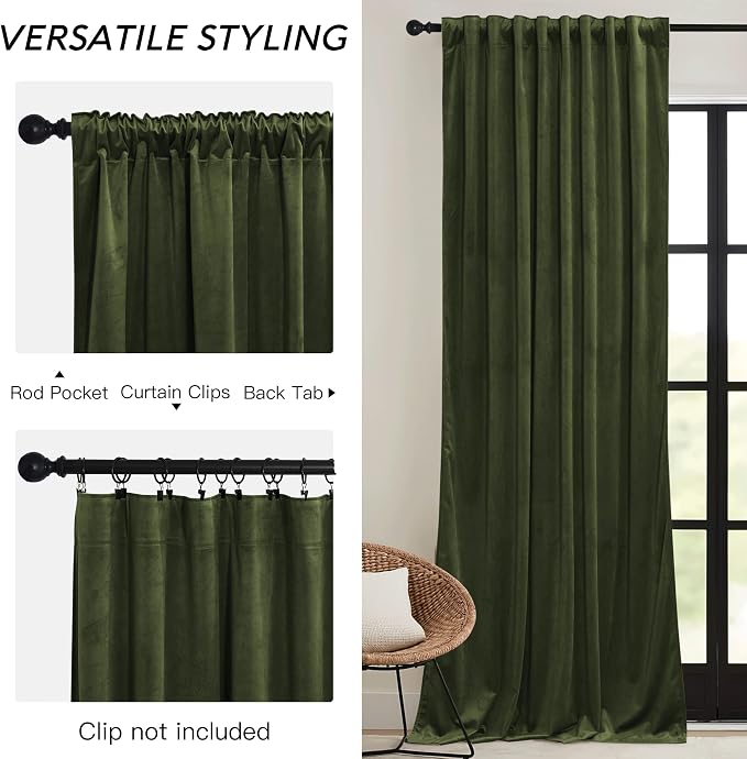 RYB HOME Green Velvet Curtains 108 inch, Solid Room Darkening Window Curtains - Image 3