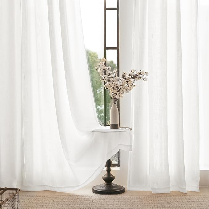 White Linen Curtains 72 inch Long 2 Panel Set - Image 4