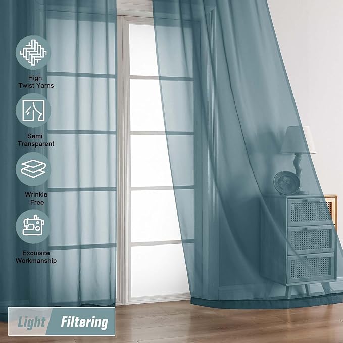 Dusty Blue Sheer Curtains 84 Inches Long 2 Panels, Elegant Airy Transparent - Image 5