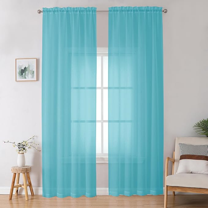 OWENIE Aqua Sheer Curtains for Bedroom Living Room 96 Inches Long 2 Panels Set by OWENIE