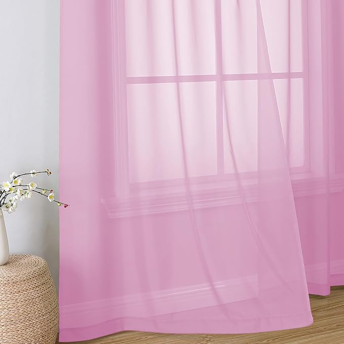 Simplebrand Pink Sheer Curtains 63 Inch Length 2 Panels, Rod Pocket Solid Color - Image 6