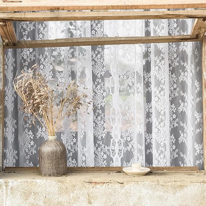 YJ YANJUN Vintage Lace Curtains Chic Floral White Short Sheer Bathroom Curtains by YJYANJUN