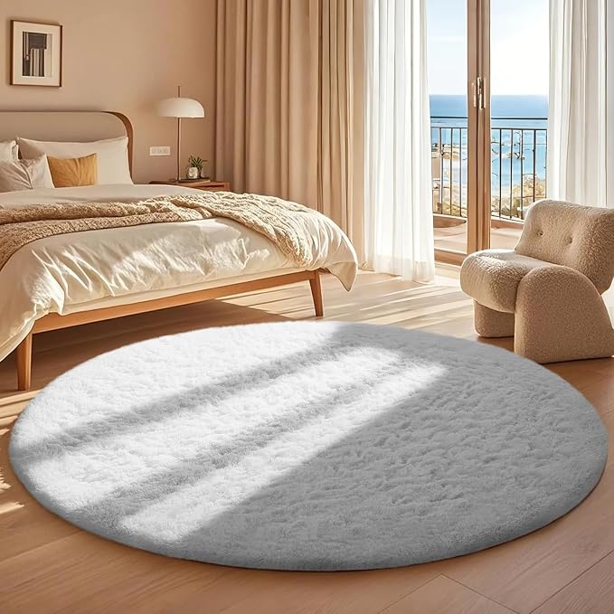 Ophanie White Round Rug 5Ft Circle Area Rug, Aesthetic Room Decor, Fluffy Fuzzy - Image 5