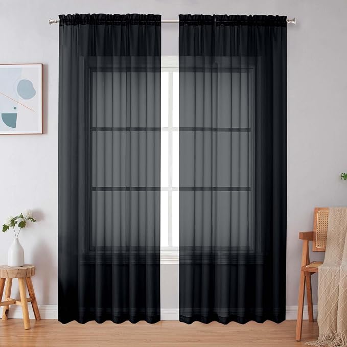 Simplebrand Black Sheer Curtains 90 Inches Long, Light Filtering Rod Pocket by Simplebrand