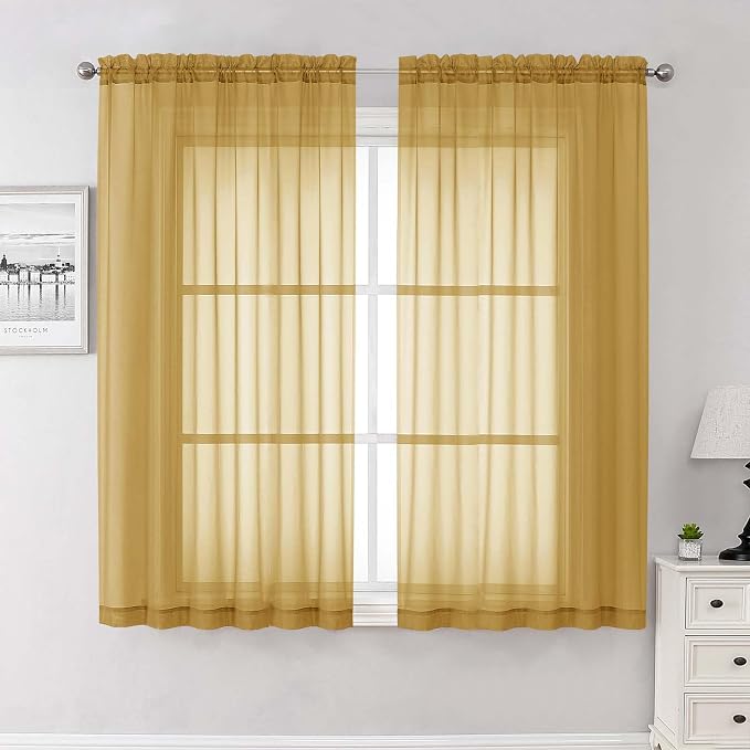 Lecloud Gold Sheer Curtains 63 Inch Length 2 Panels, Rod Pockets Window by Lecloud