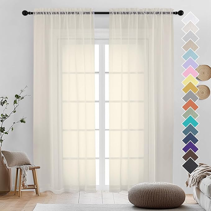 OVZME Cream Sheer Curtains 90 Inches Long 2 Panels by OVZME
