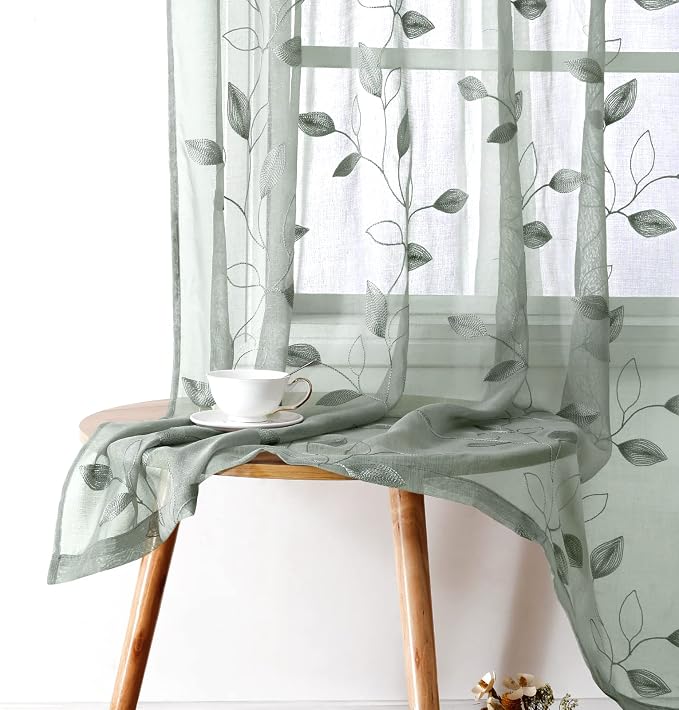 HOMEIDEAS Sage Green Sheer Curtains 52 X 84 Inches Long 2 Panels Embroidered by HOMEIDEAS
